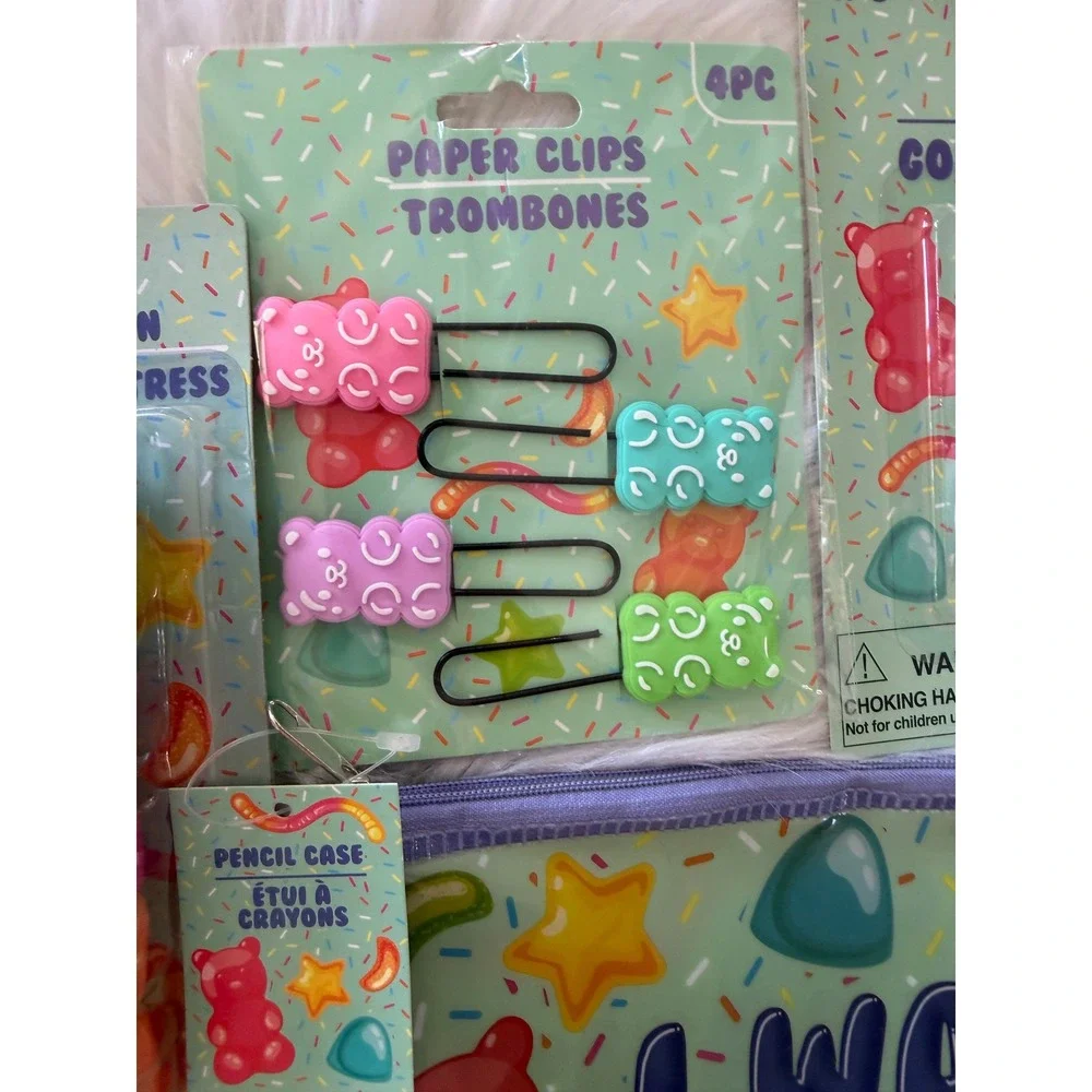 Gummy Bear Stationery Set Pencil Case Pen Sticky Notes Erasers Clips 6pc Bundle
